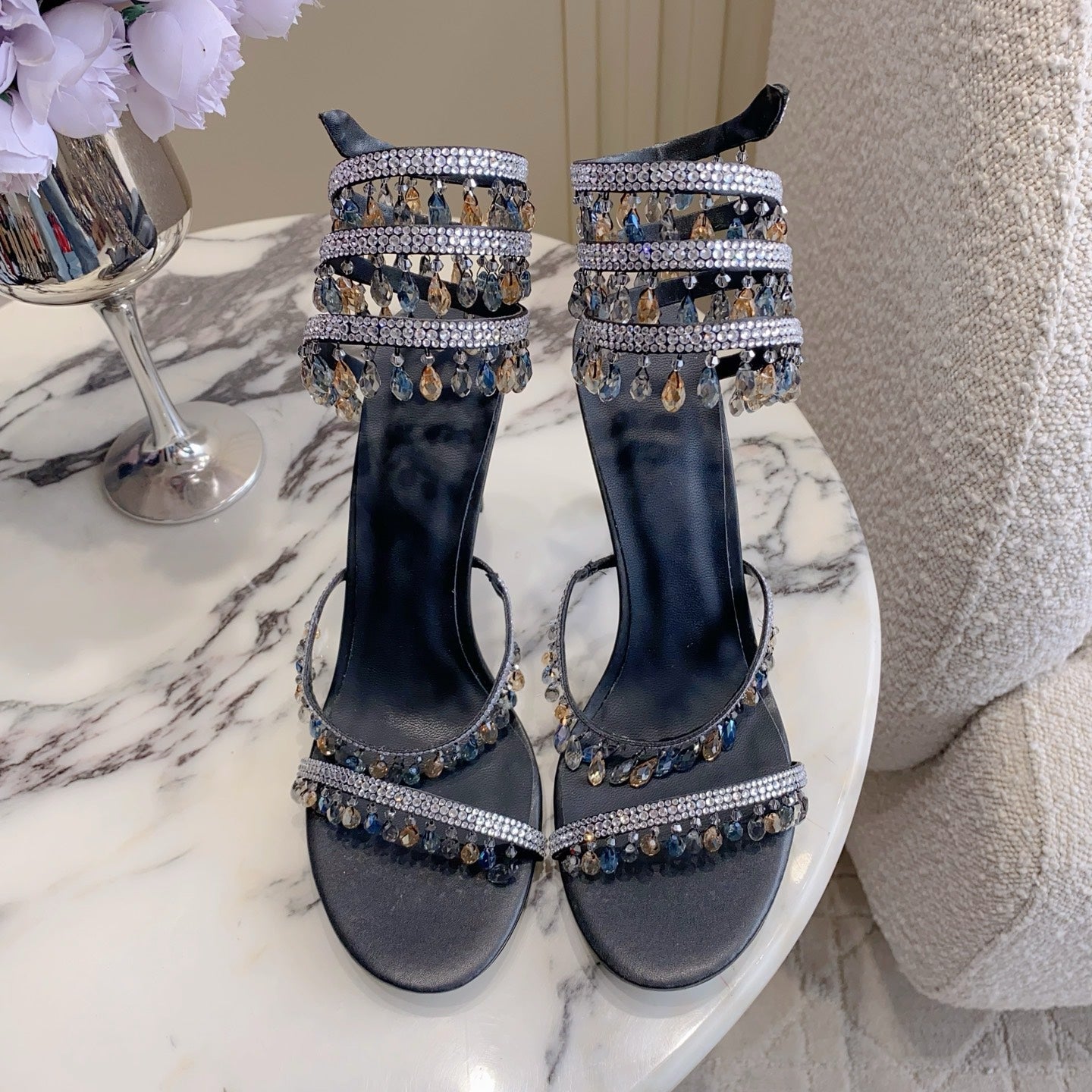 RENE CAOVILLA 26S CLEO HIGH HEELS SANDALS 95 MM IN BLACK LAMBSKIN STYLE 6