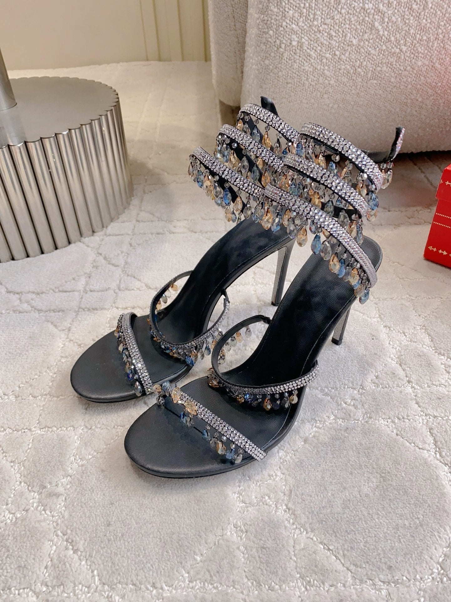 RENE CAOVILLA 26S CLEO HIGH HEELS SANDALS 95 MM IN BLACK LAMBSKIN STYLE 6