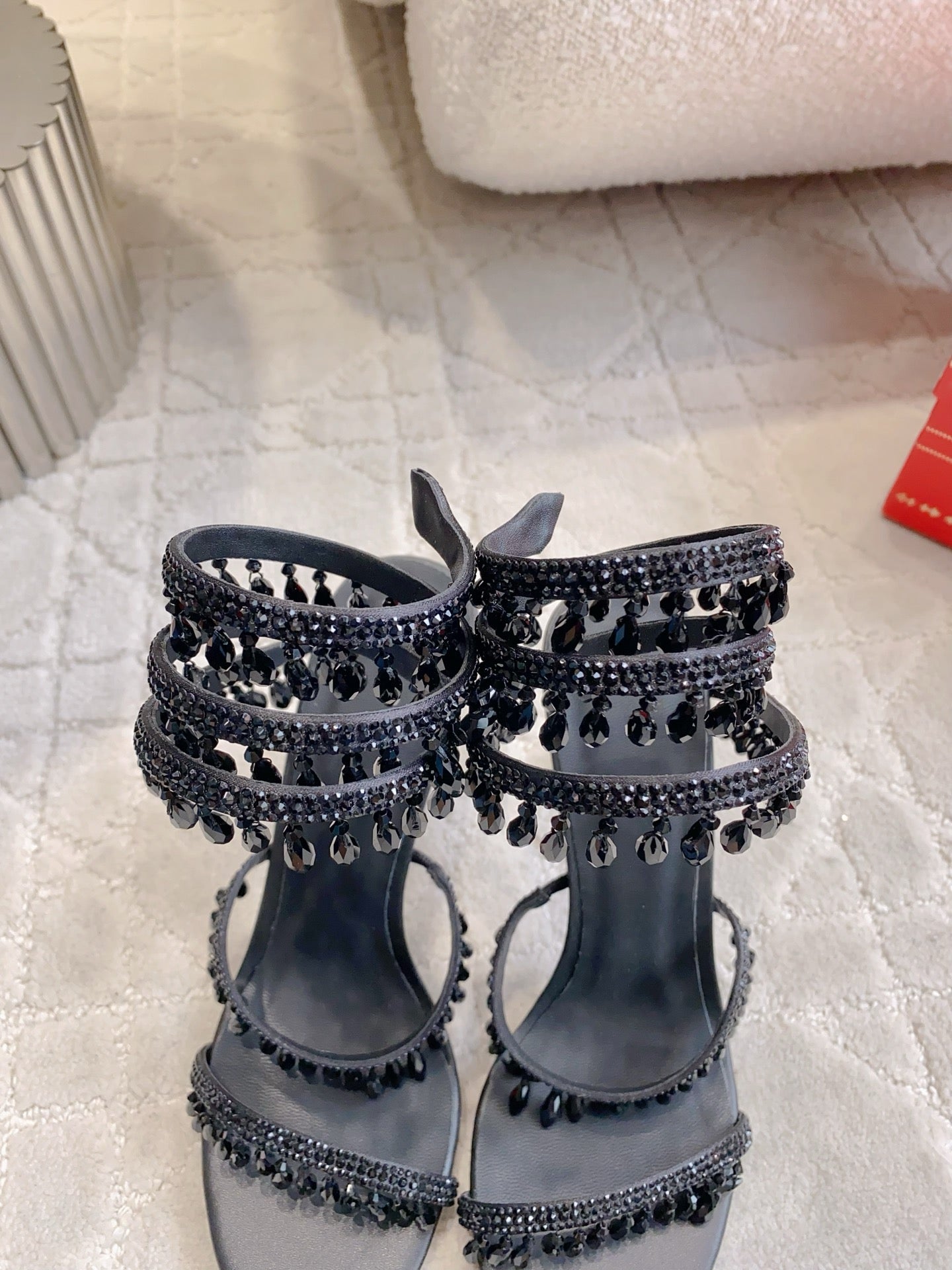 RENE CAOVILLA 26S CLEO HIGH HEELS SANDALS 95 MM IN BLACK LAMBSKIN STYLE 7