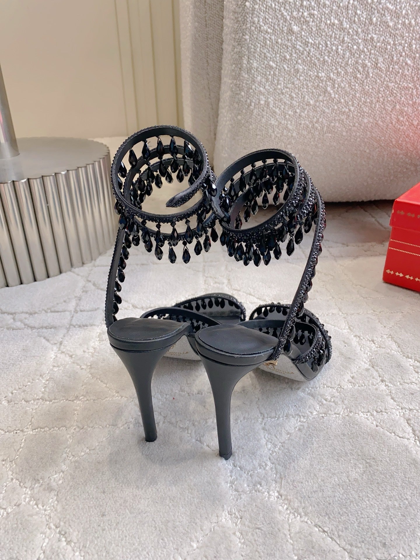 RENE CAOVILLA 26S CLEO HIGH HEELS SANDALS 95 MM IN BLACK LAMBSKIN STYLE 7