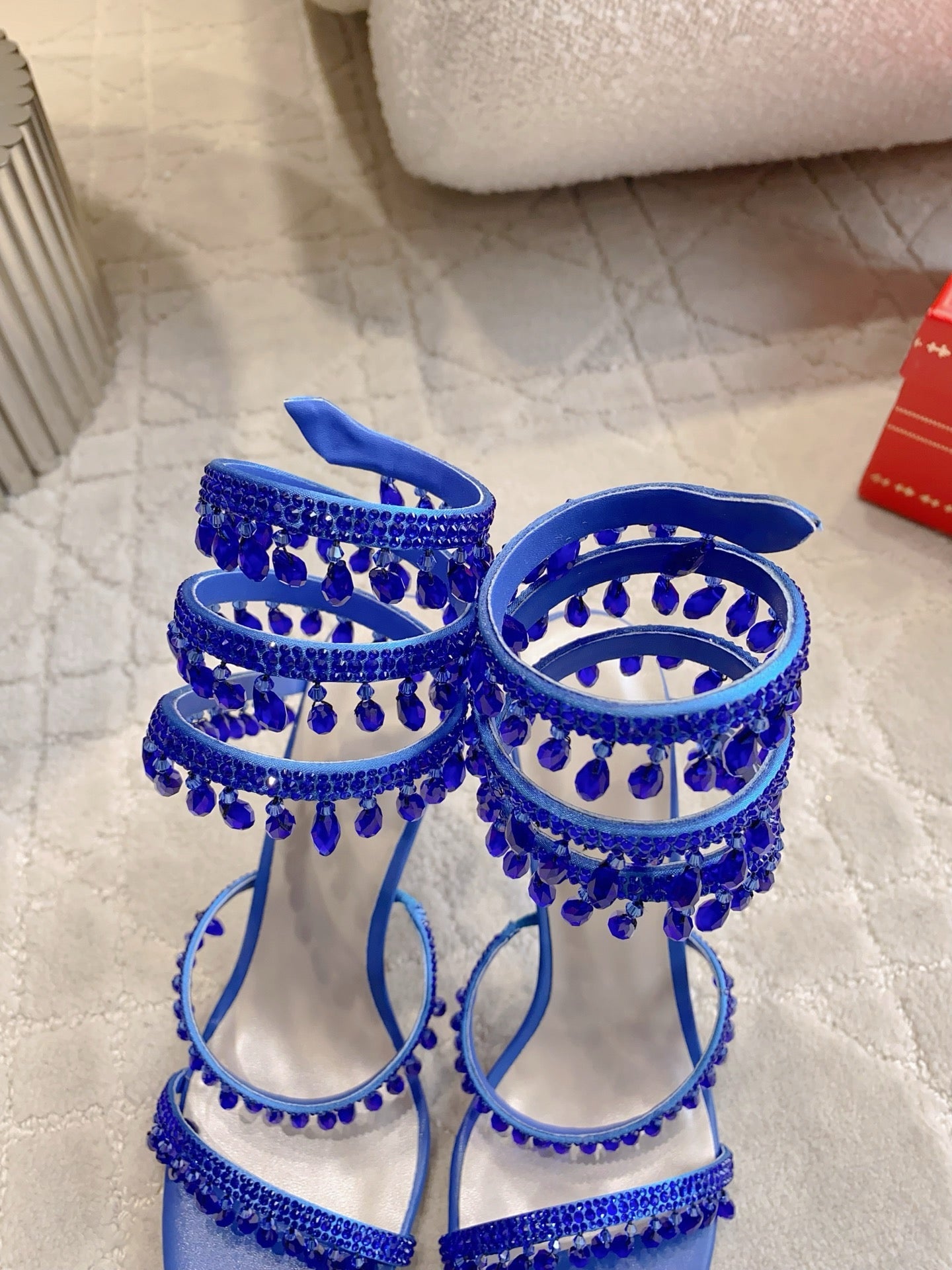 RENE CAOVILLA 26S CLEO HIGH HEELS SANDALS 95 MM IN NAVY BLUE LAMBSKIN