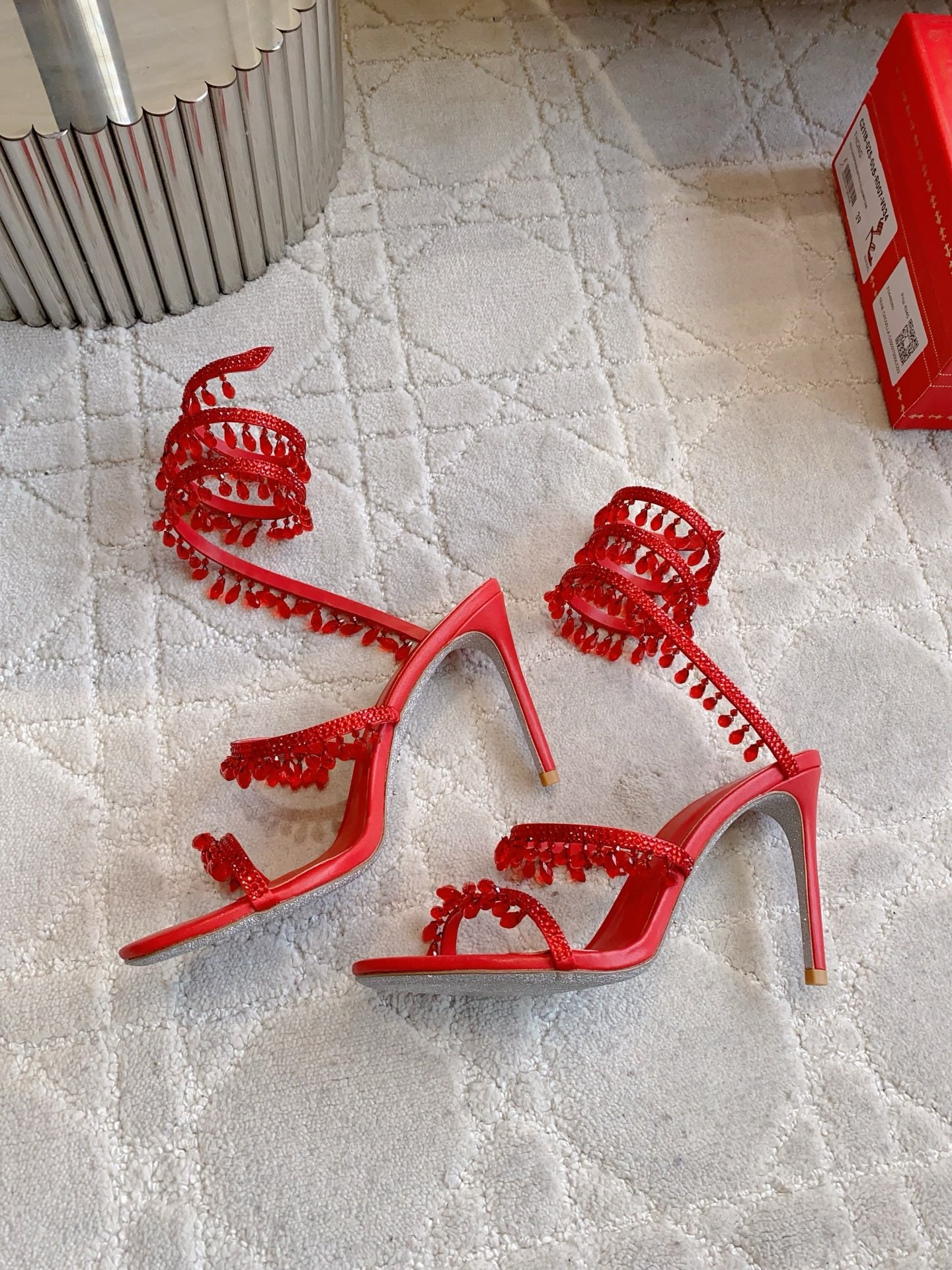 RENE CAOVILLA 26S CLEO HIGH HEELS SANDALS 95 MM IN RED LAMBSKIN STYLE 5