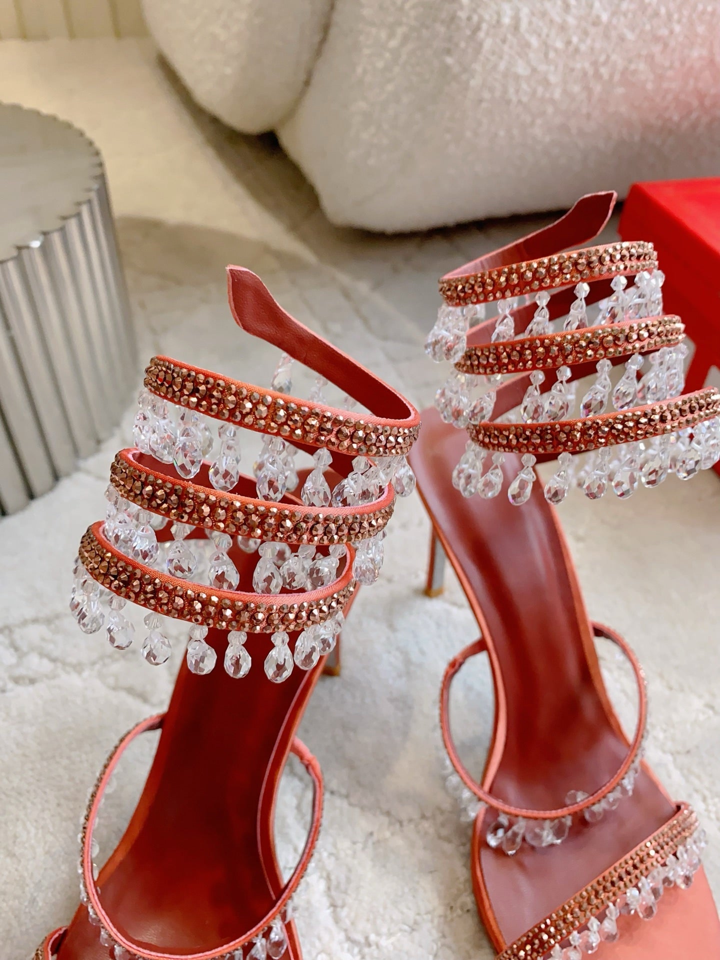 RENE CAOVILLA 26S CLEO HIGH HEELS SANDALS 95 MM IN ORANGE LAMBSKIN STYLE 3