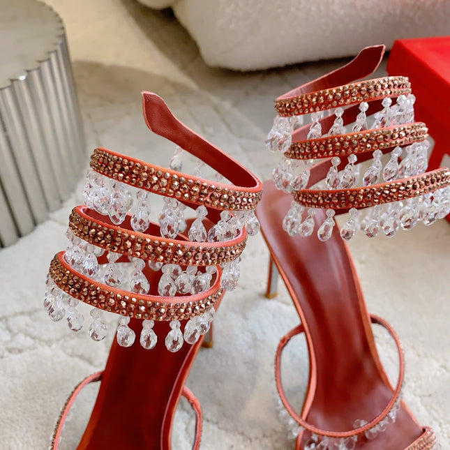 RENE CAOVILLA 26S CLEO HIGH HEELS SANDALS 95 MM IN ORANGE LAMBSKIN STYLE 3