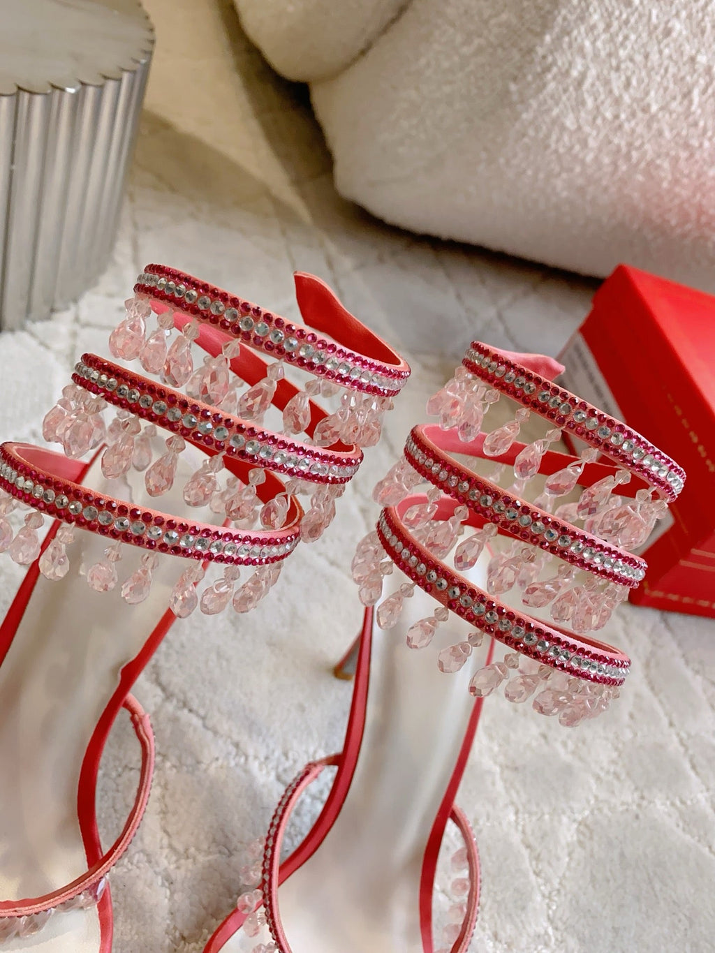 RENE CAOVILLA 26S CLEO HIGH HEELS SANDALS 95 MM IN RED LAMBSKIN