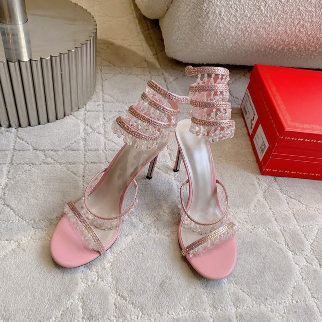 RENE CAOVILLA 26S CLEO HIGH HEELS SANDALS 95 MM IN PINK LAMBSKIN