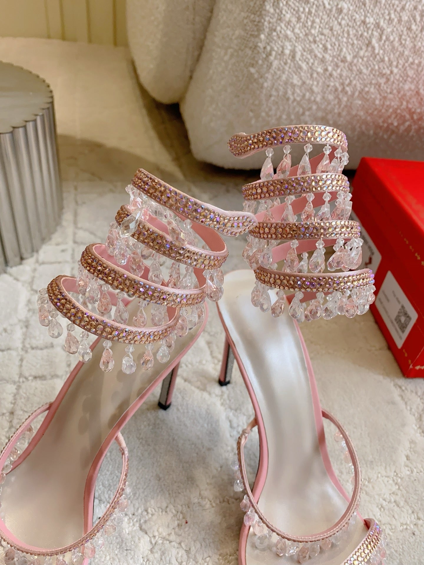RENE CAOVILLA 26S CLEO HIGH HEELS SANDALS 95 MM IN PINK LAMBSKIN