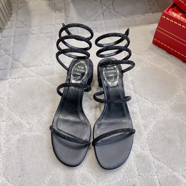 RENE CAOVILLA 26S RHINESTONE HIGH HEELS SANDALS 75 MM IN BLACK LAMBSKIN