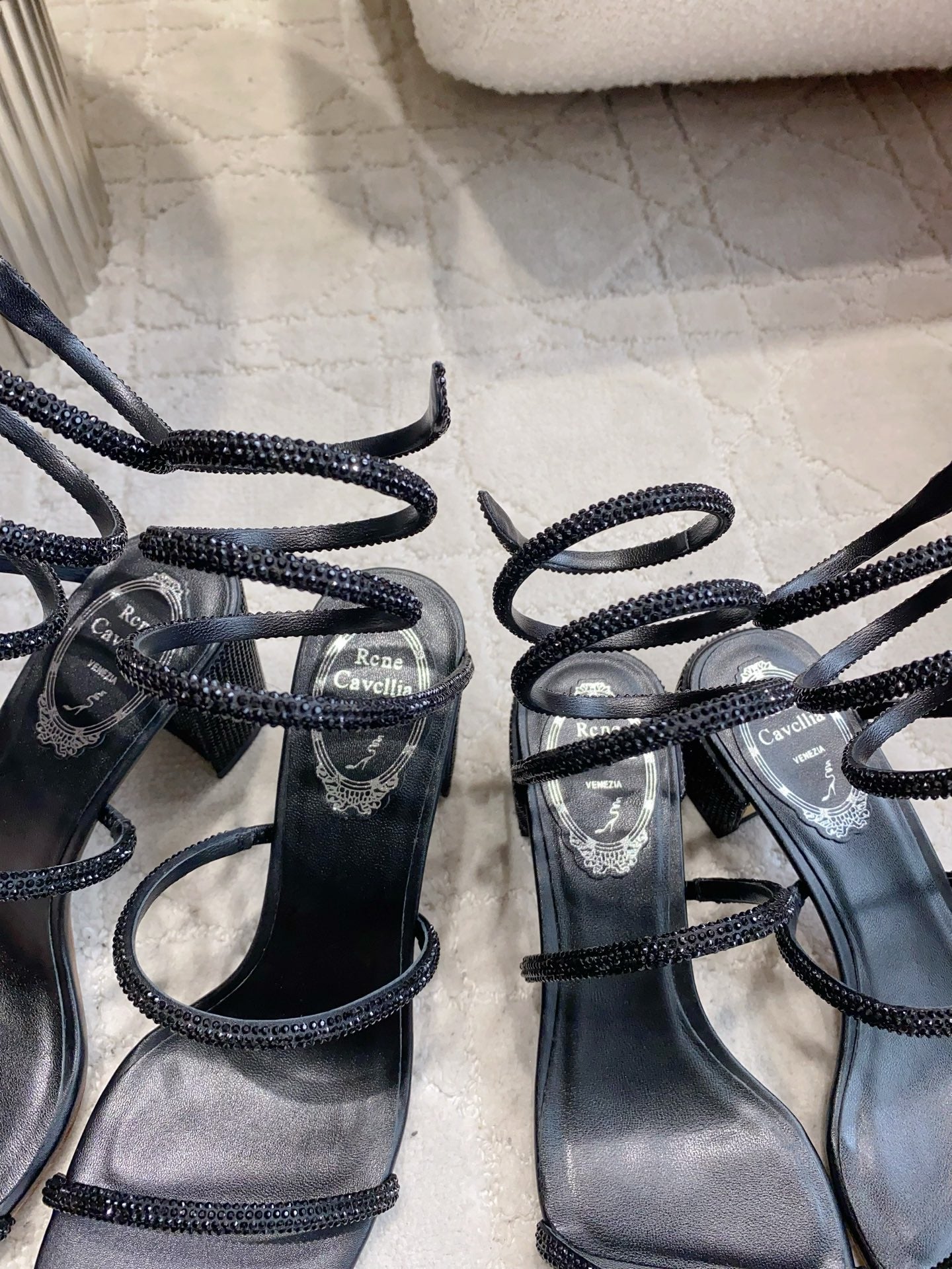RENE CAOVILLA 26S RHINESTONE HIGH HEELS SANDALS 45 MM IN BLACK LAMBSKIN