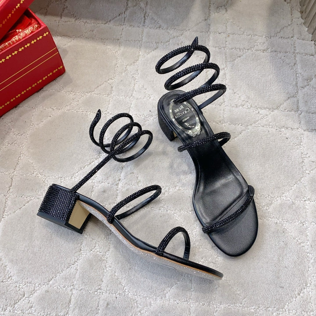 RENE CAOVILLA 26S RHINESTONE HIGH HEELS SANDALS 45 MM IN BLACK LAMBSKIN