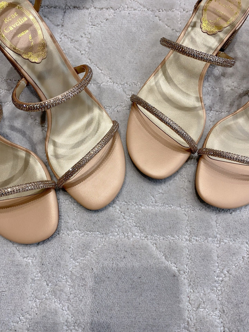RENE CAOVILLA 26S RHINESTONE HIGH HEELS SANDALS 45 MM IN BEIGE LAMBSKIN