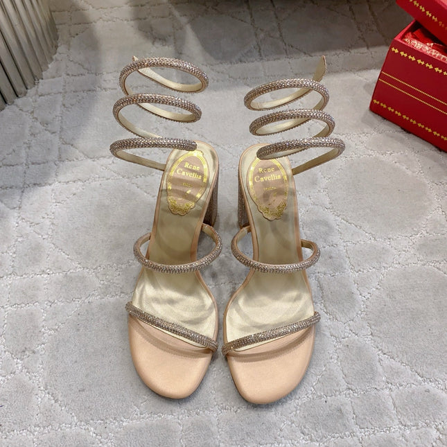 RENE CAOVILLA 26S RHINESTONE HIGH HEELS SANDALS 75 MM IN BEIGE LAMBSKIN
