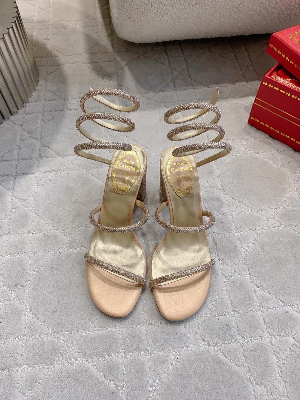 RENE CAOVILLA 26S RHINESTONE HIGH HEELS SANDALS 75 MM IN BEIGE LAMBSKIN