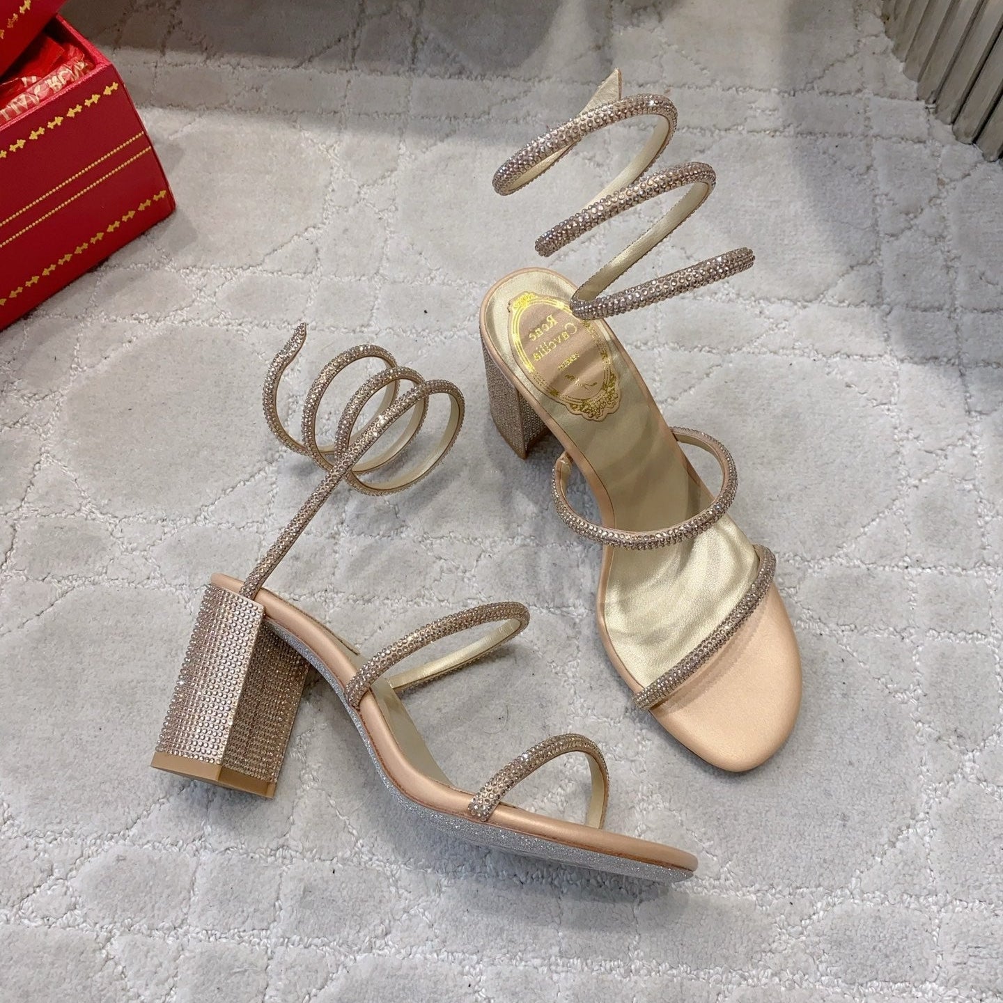 RENE CAOVILLA 26S RHINESTONE HIGH HEELS SANDALS 75 MM IN BEIGE LAMBSKIN