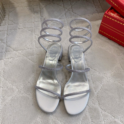RENE CAOVILLA 26S RHINESTONE HIGH HEELS SANDALS 45 MM IN SILVER LAMBSKIN
