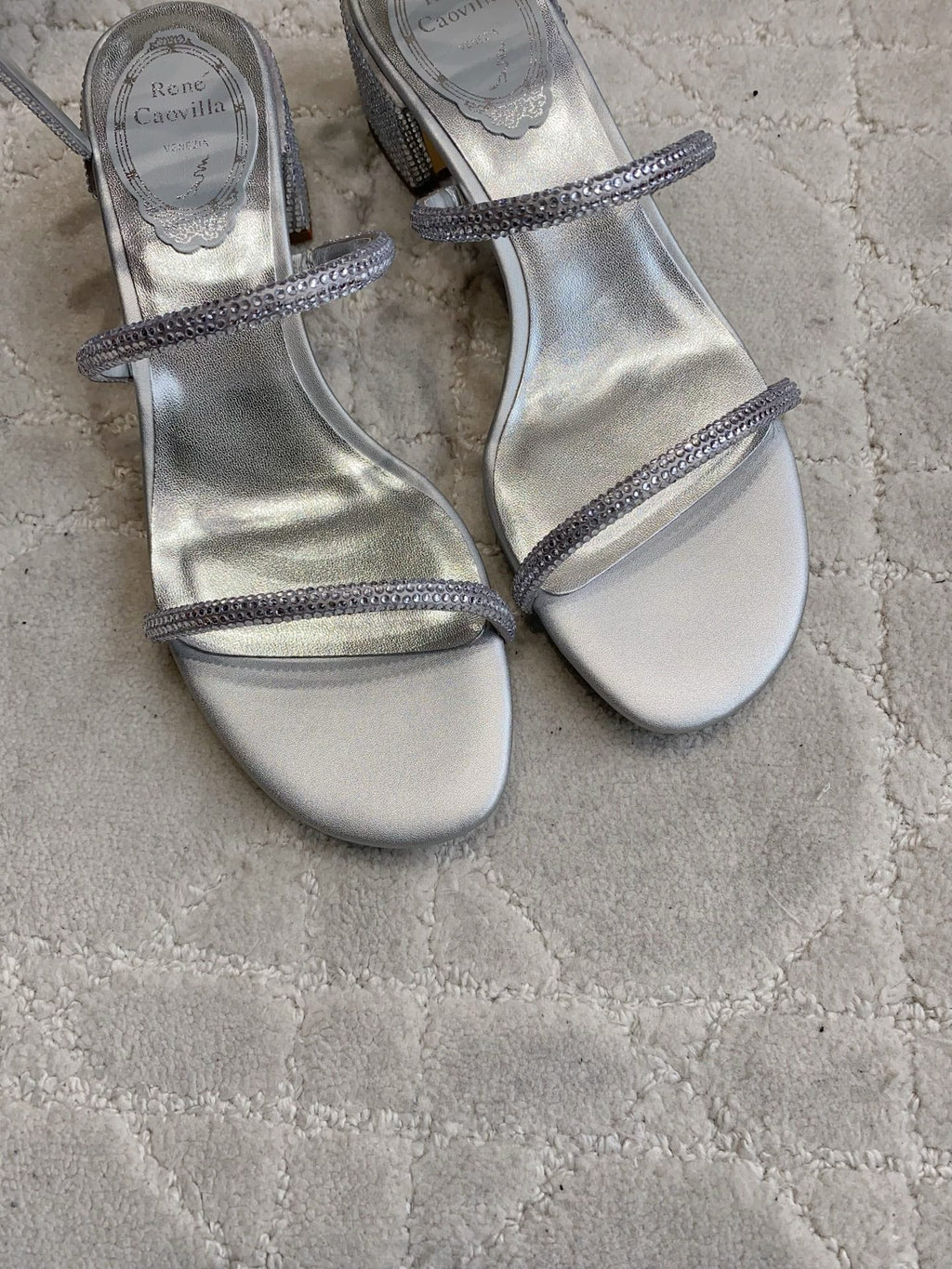 RENE CAOVILLA 26S RHINESTONE HIGH HEELS SANDALS 45 MM IN SILVER LAMBSKIN