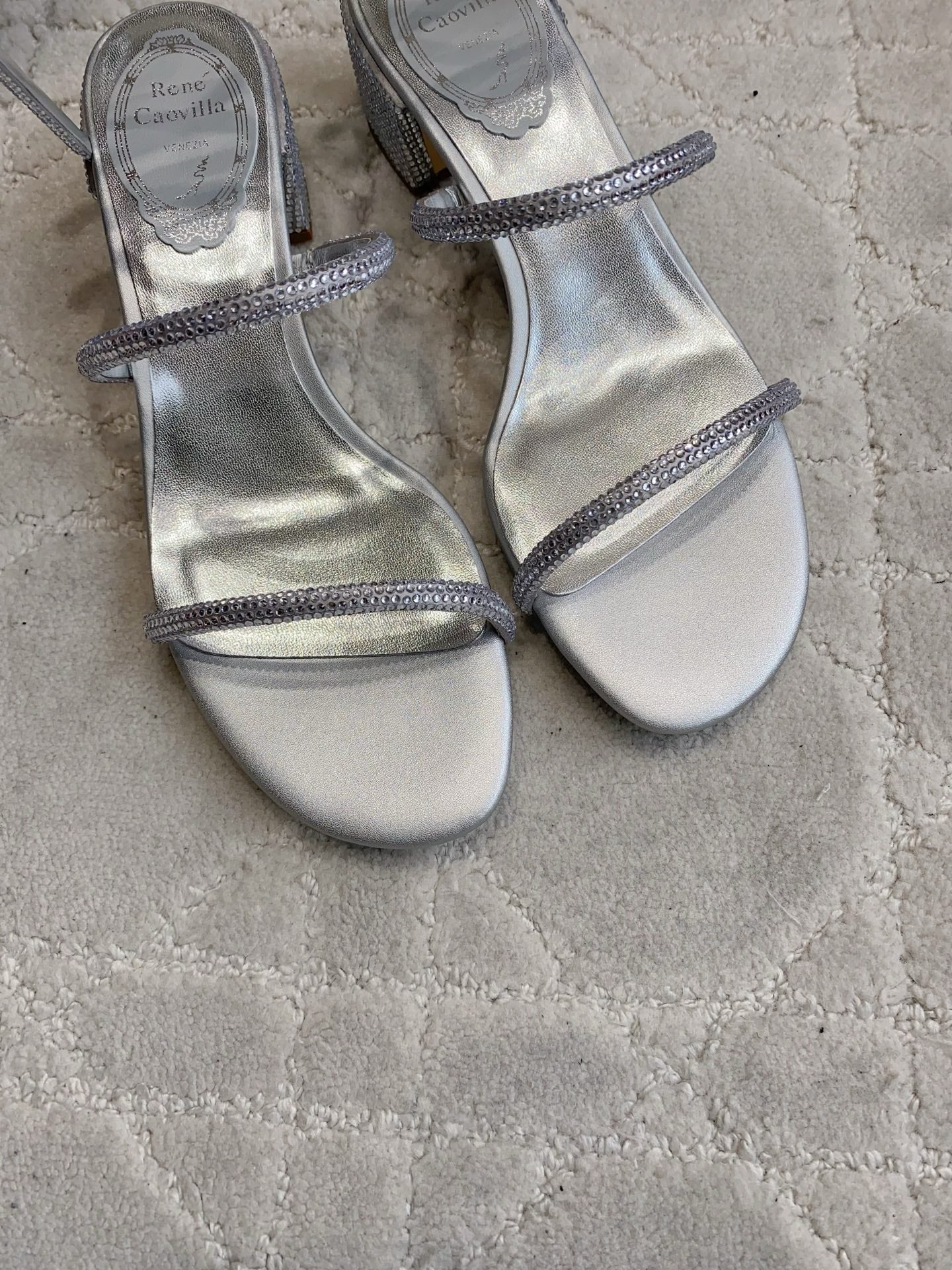 RENE CAOVILLA 26S RHINESTONE HIGH HEELS SANDALS 45 MM IN SILVER LAMBSKIN
