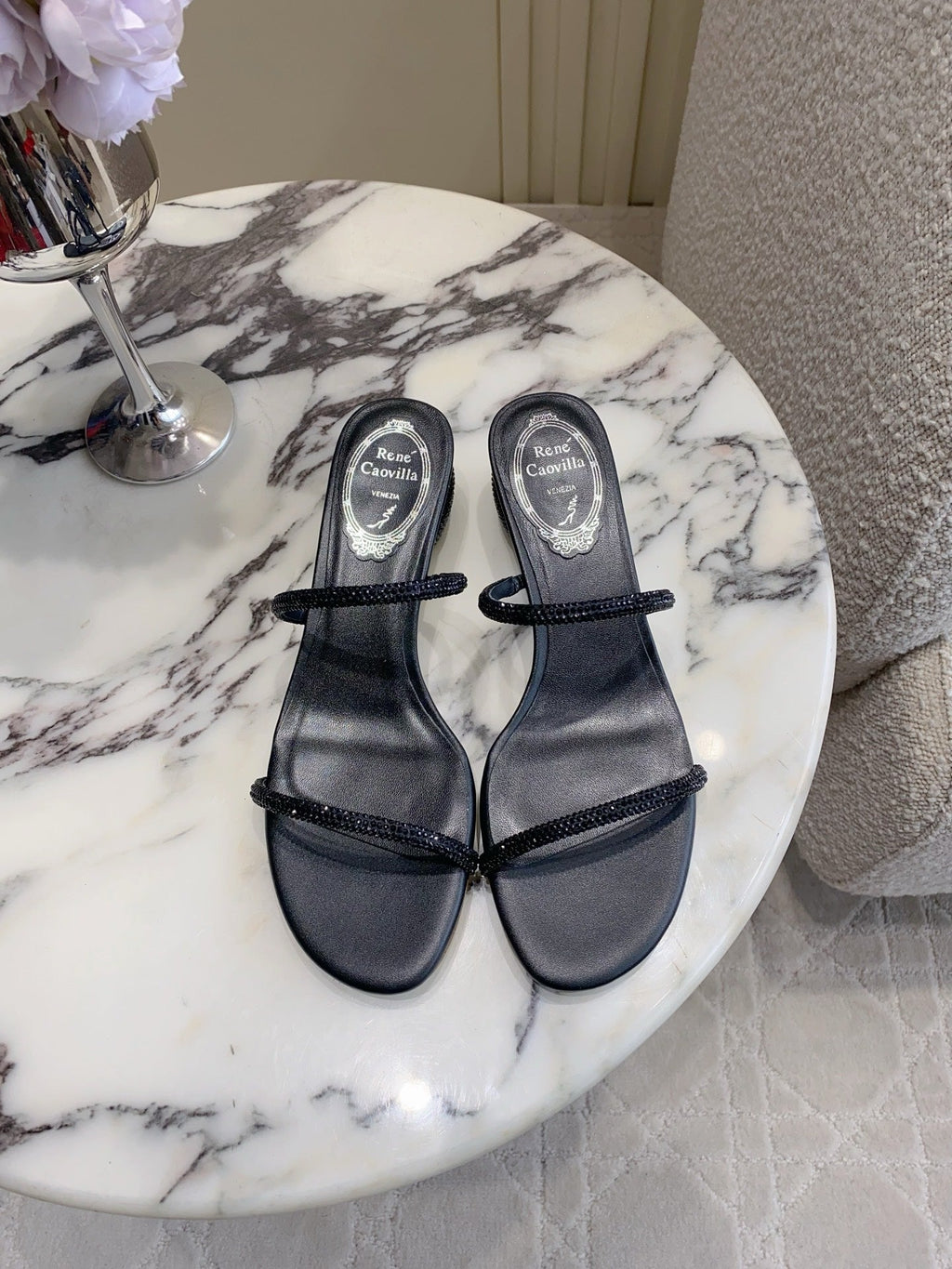 RENE CAOVILLA 26S HIGH-HEELED SANDALS 45 MM IN BLACK LAMBSKIN