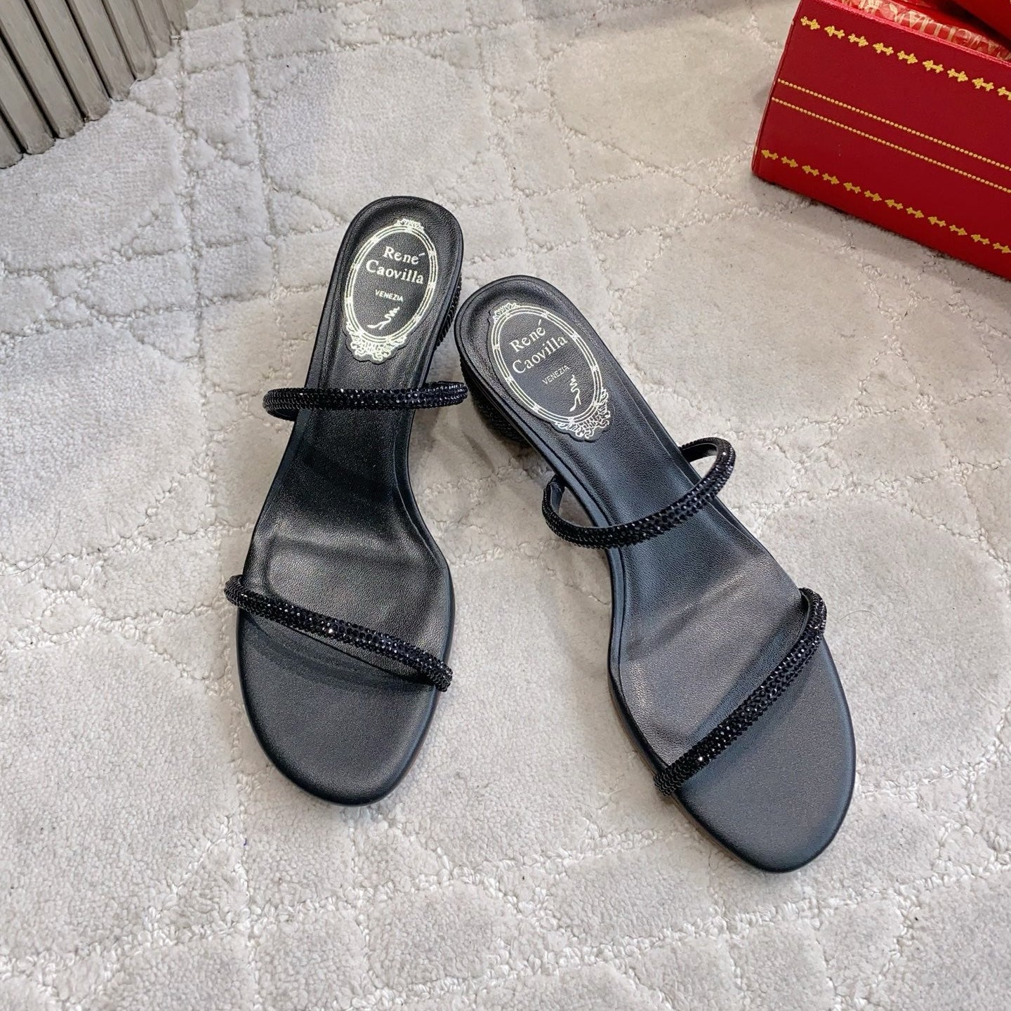 RENE CAOVILLA 26S HIGH-HEELED SANDALS 45 MM IN BLACK LAMBSKIN