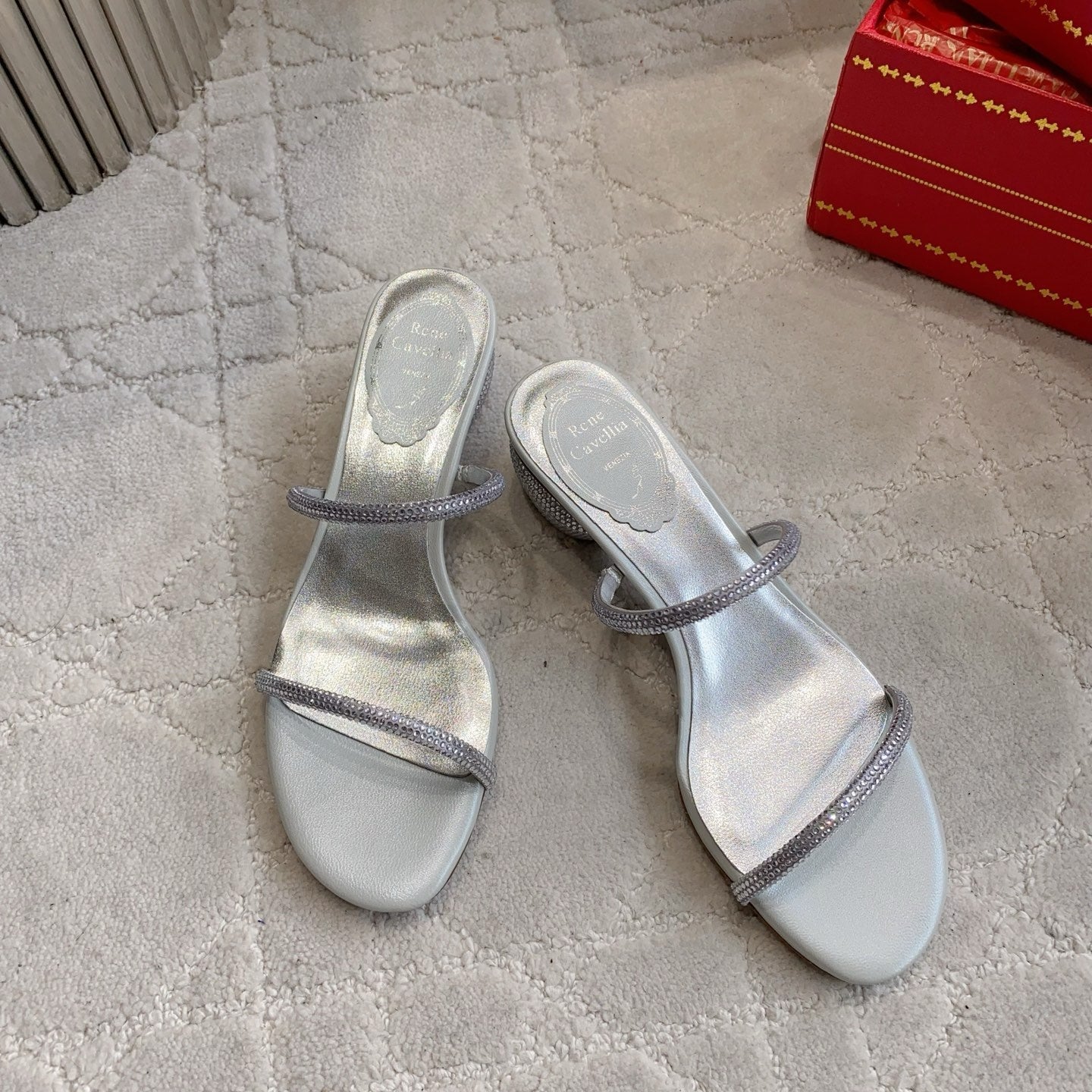 RENE CAOVILLA 26S HIGH-HEELED SANDALS 45 MM IN SILVER LAMBSKIN