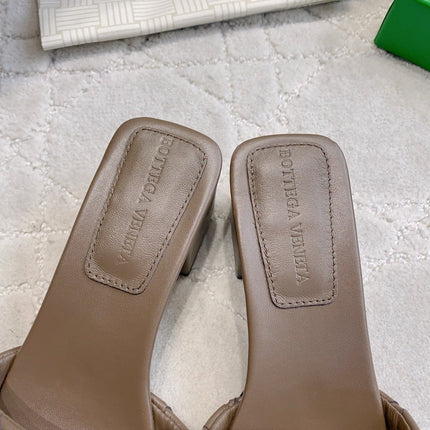 BOTTEGA VENETA 26S SQUARE-TOE HIGH-HEEL SANDALS 50 MM IN DARK BROWN LAMBSKIN