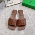 BOTTEGA VENETA 26S SQUARE-TOE SLIDE SANDALS IN BROWN LAMBSKIN