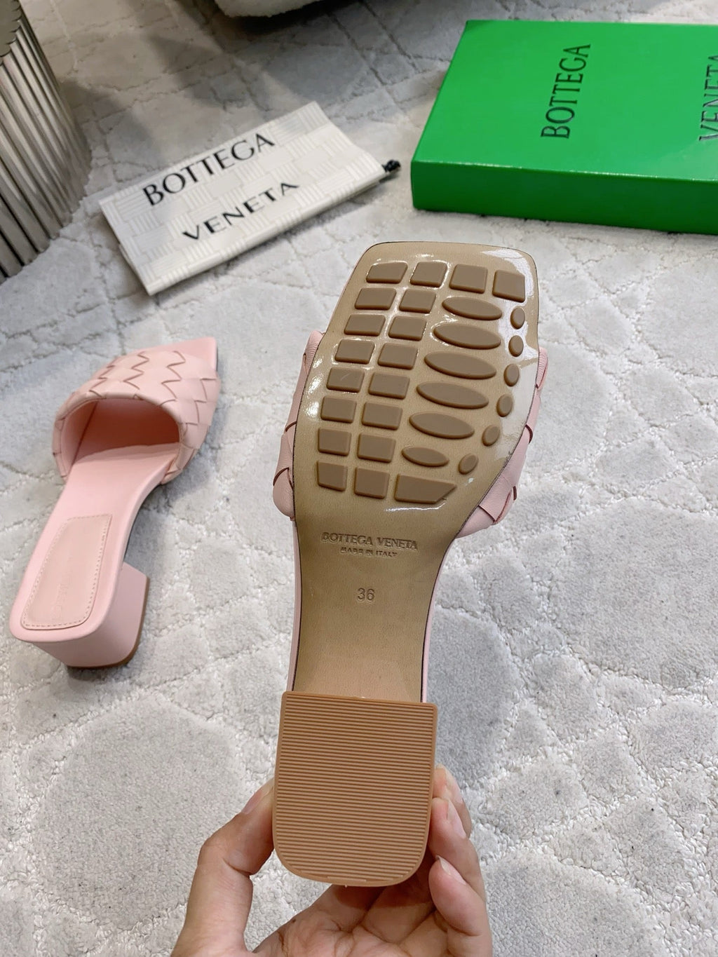 BOTTEGA VENETA 26S SQUARE-TOE HIGH-HEEL SANDALS 50 MM IN PASTEL PINK LAMBSKIN