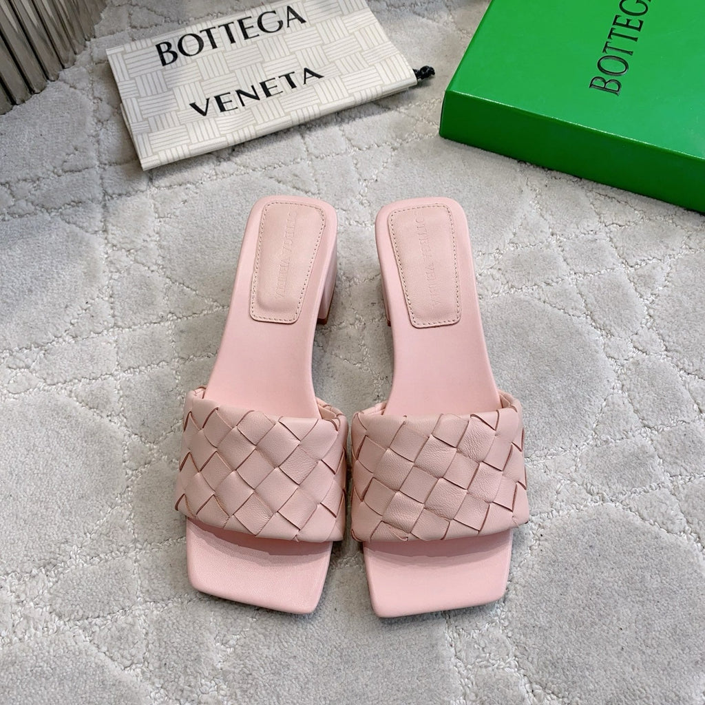 BOTTEGA VENETA 26S SQUARE-TOE HIGH-HEEL SANDALS 50 MM IN PASTEL PINK LAMBSKIN