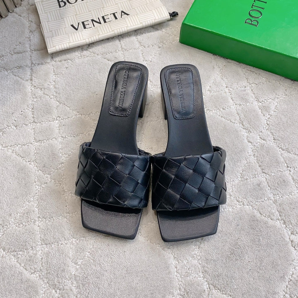 BOTTEGA VENETA 26S SQUARE-TOE HIGH-HEEL SANDALS 50 MM IN BLACK LAMBSKIN