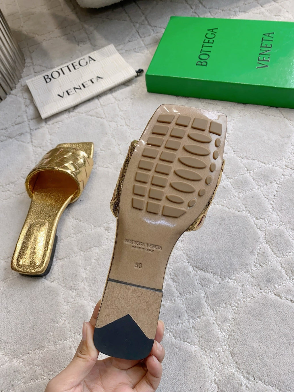 BOTTEGA VENETA 26S SQUARE-TOE SLIDE SANDALS IN GOLD LAMBSKIN