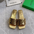BOTTEGA VENETA 26S SQUARE-TOE SLIDE SANDALS IN GOLD LAMBSKIN