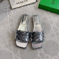 BOTTEGA VENETA 26S SQUARE-TOE SLIDE SANDALS IN SILVER LAMBSKIN