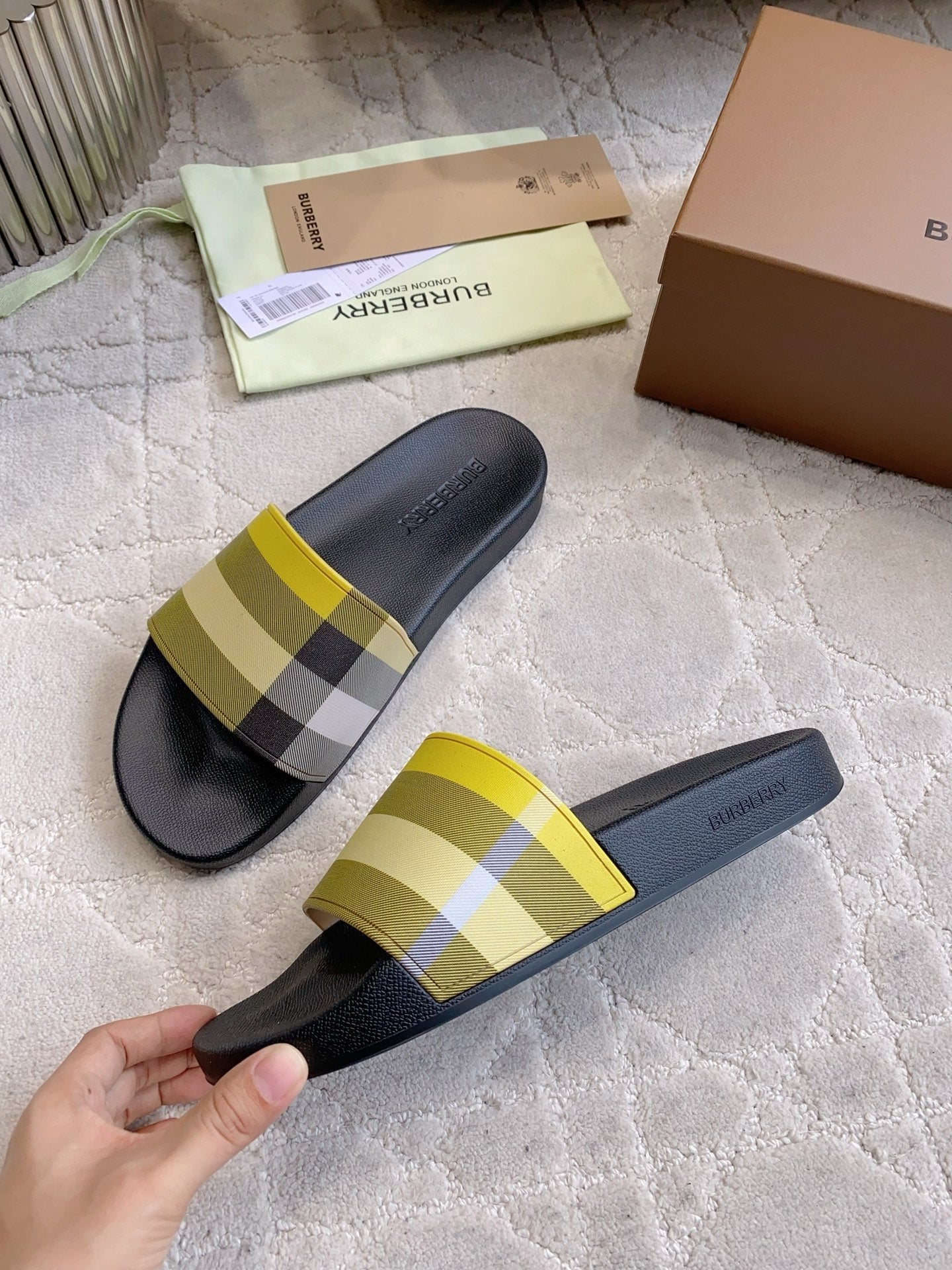 BURBERRY 26S CHECK RUBBER SLIDES IN LIME YELLOW CHECK CALFSKIN