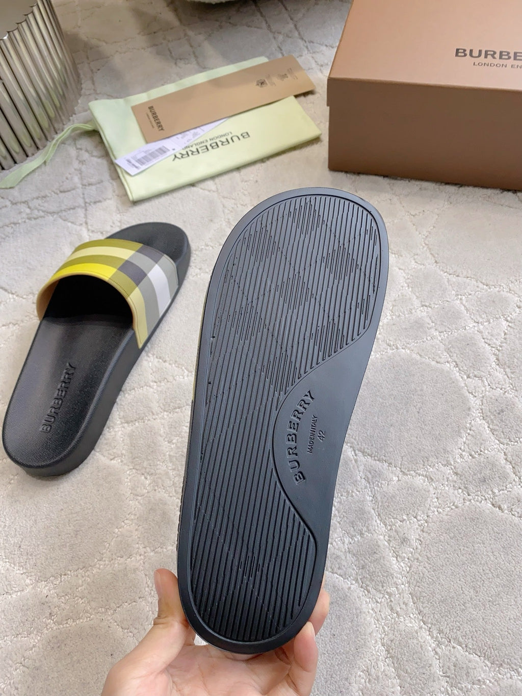 BURBERRY 26S CHECK RUBBER SLIDES IN LIME YELLOW CHECK CALFSKIN