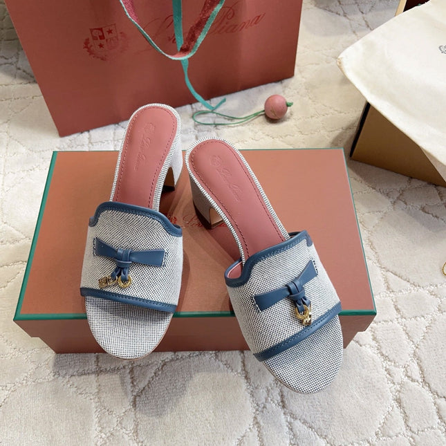 LP 26S HIGH HEEL SANDALS IN WHITE CANVAS AND NAVY CALFSKIN