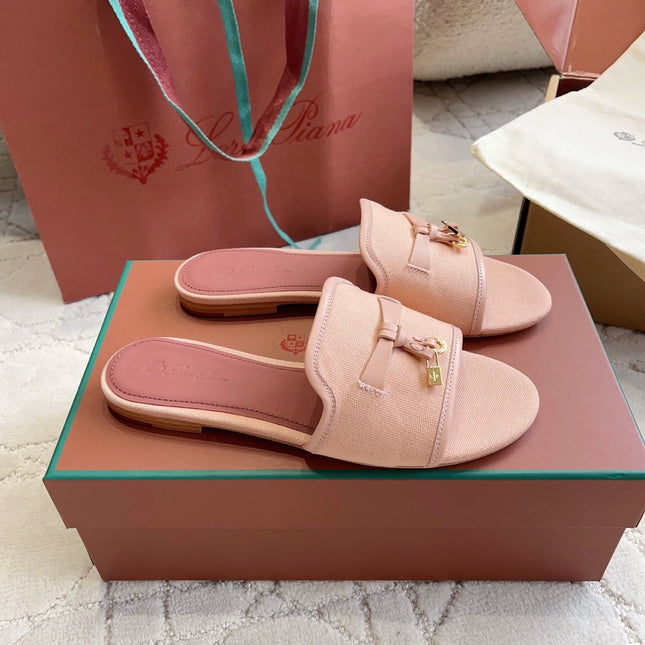 LP 26S SLIDES IN BLUSH PINK CANVAS AND CALFSKIN