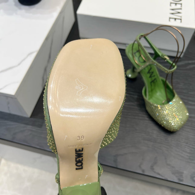 LOEWE 26S EMBELLISHED HIGH HEELS 60 MM IN GREEN CALFSKIN