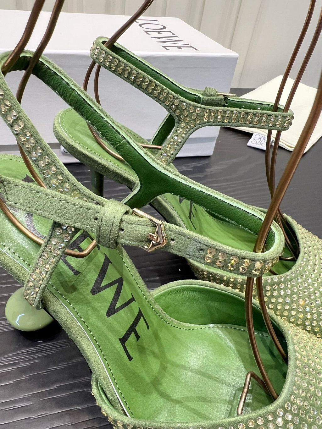 LOEWE 26S EMBELLISHED HIGH HEELS 60 MM IN GREEN CALFSKIN
