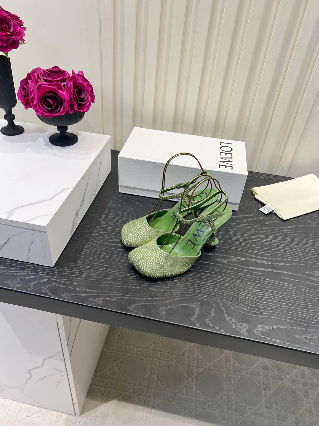 LOEWE 26S EMBELLISHED HIGH HEELS 60 MM IN GREEN CALFSKIN