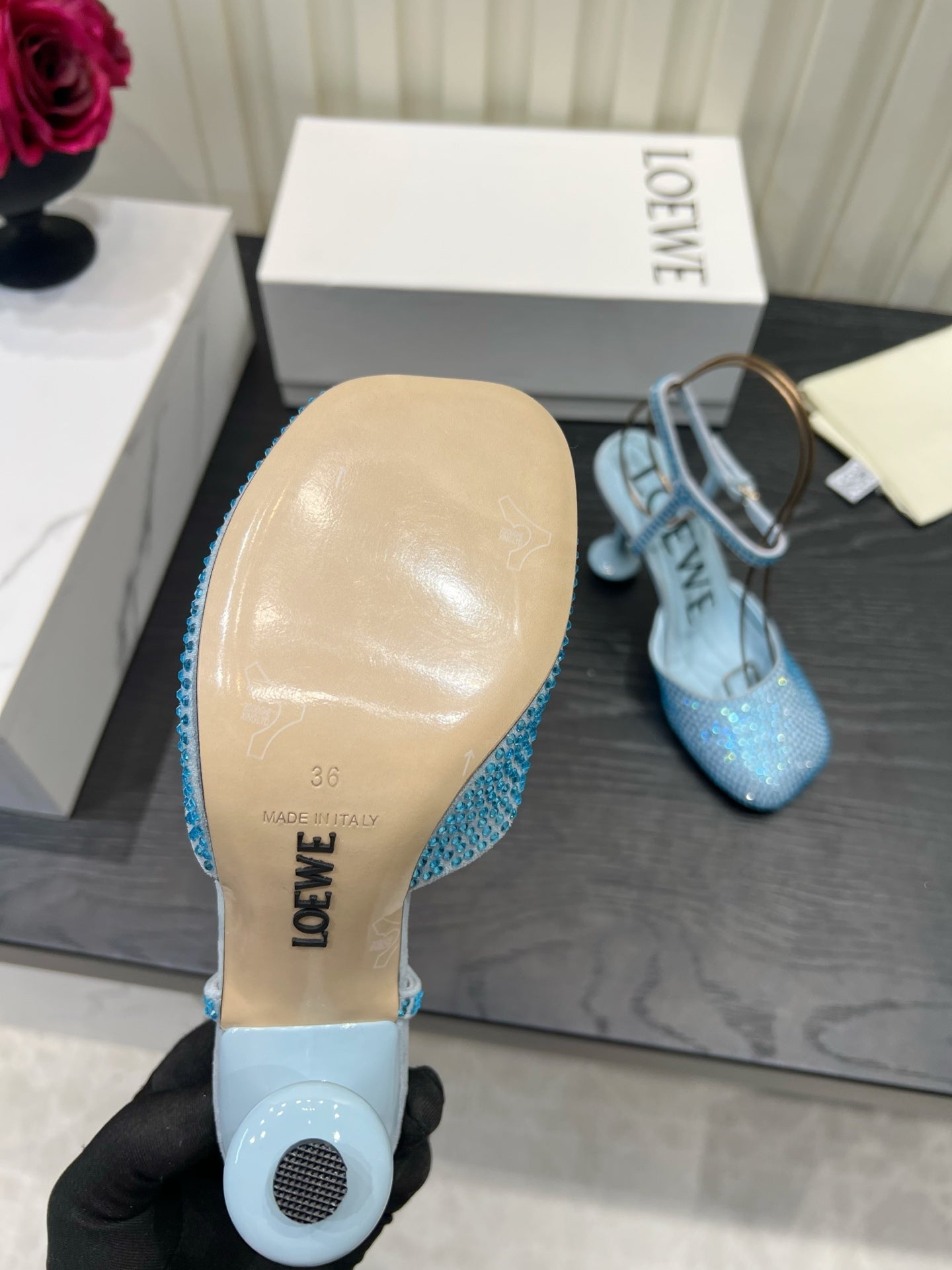LOEWE 26S EMBELLISHED HIGH HEELS 60 MM IN LIGHT BLUE CALFSKIN