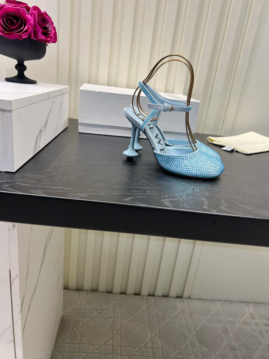 LOEWE 26S EMBELLISHED HIGH HEELS 60 MM IN LIGHT BLUE CALFSKIN