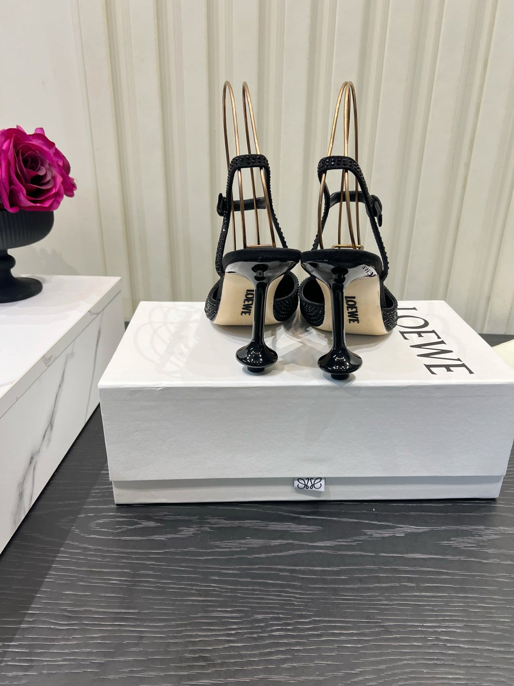 LOEWE 26S EMBELLISHED HIGH HEELS 60 MM IN BLACK CALFSKIN