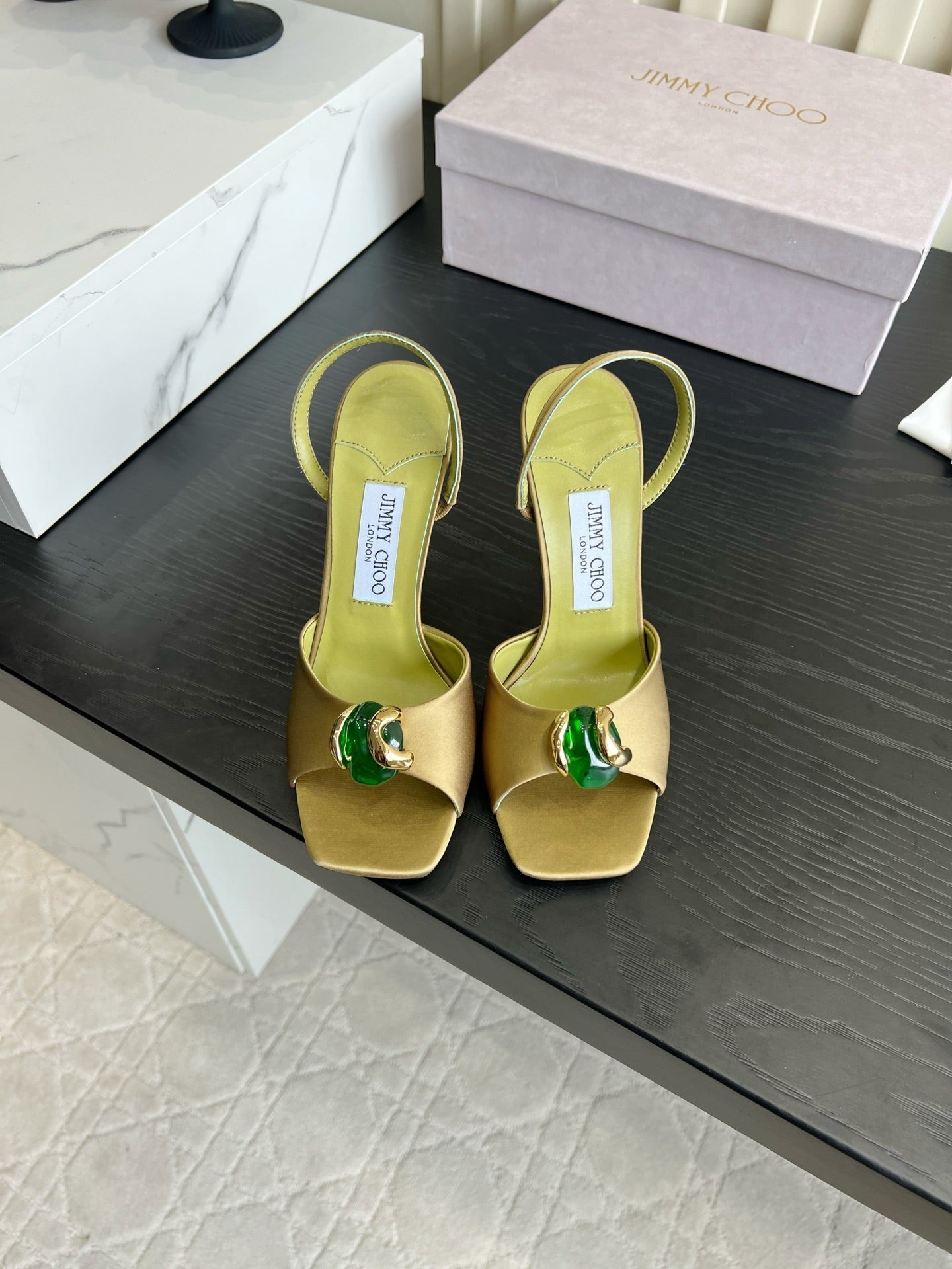 JIMMY CHOO 26S HIGH-HEEL SANDALS 100 MM IN OLIVE GREEN SATIN AND CALFSKIN