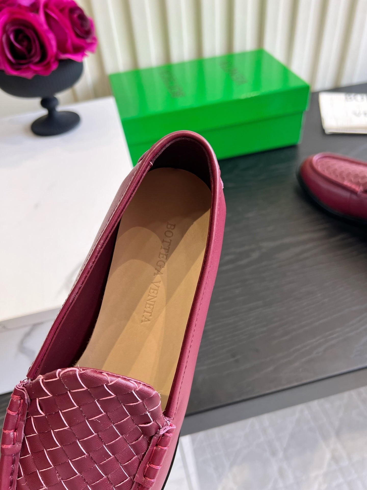 BOTTEGA VENETA 26S WOVEN LOAFERS IN DARK RED LAMBSKIN