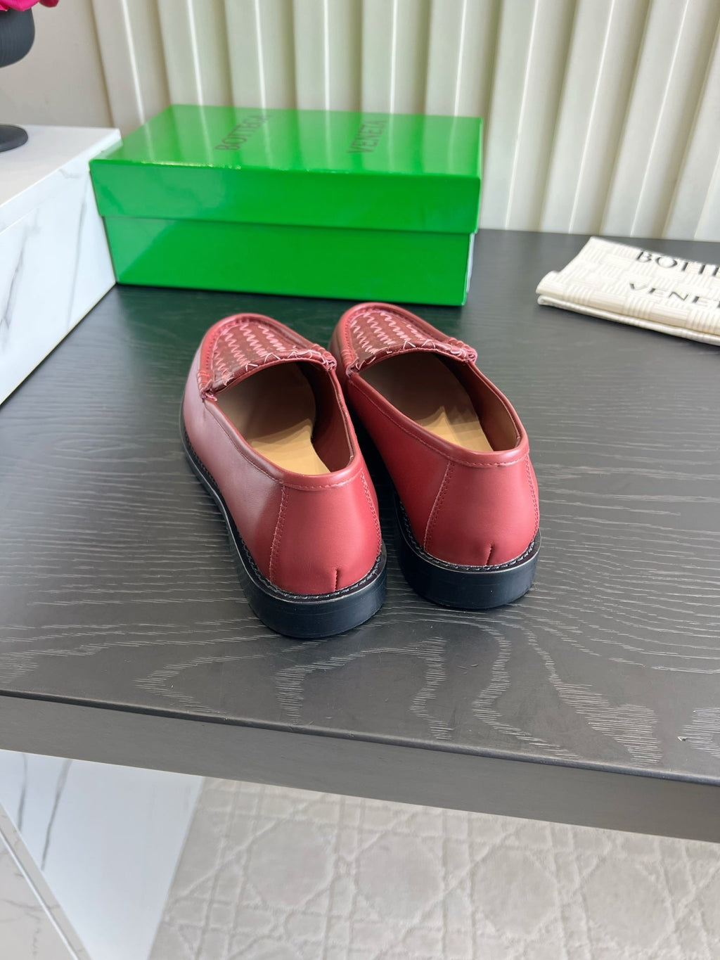 BOTTEGA VENETA 26S WOVEN LOAFERS IN DARK RED LAMBSKIN
