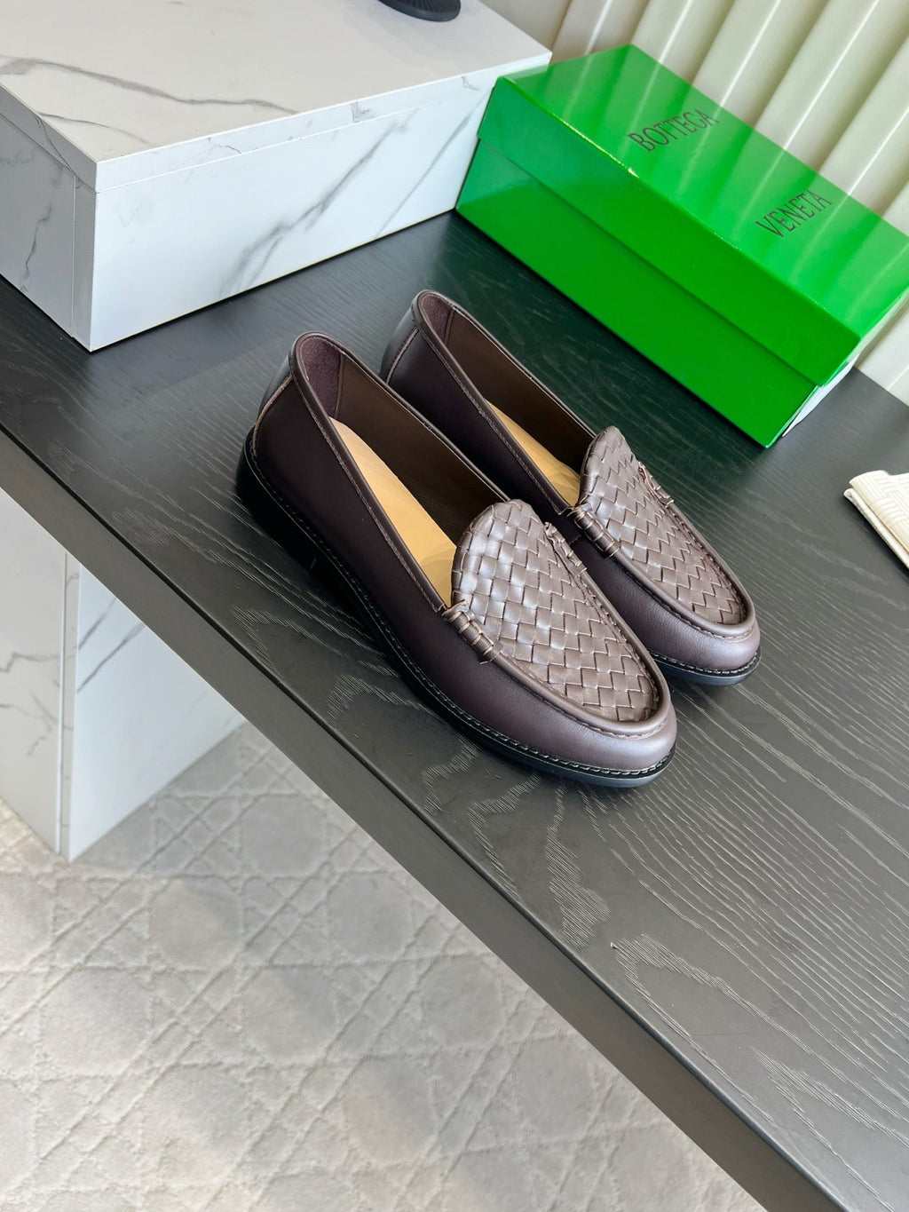 BOTTEGA VENETA 26S WOVEN LOAFERS IN DARK BROWN LAMBSKIN