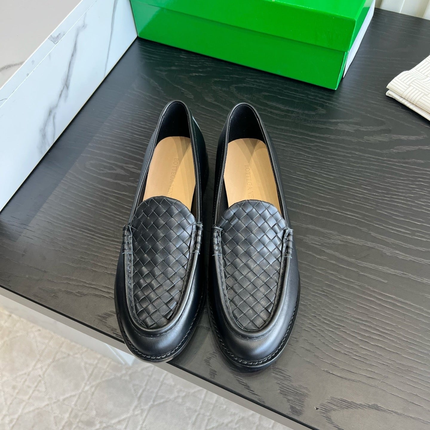 BOTTEGA VENETA 26S WOVEN LOAFERS IN BLACK LAMBSKIN