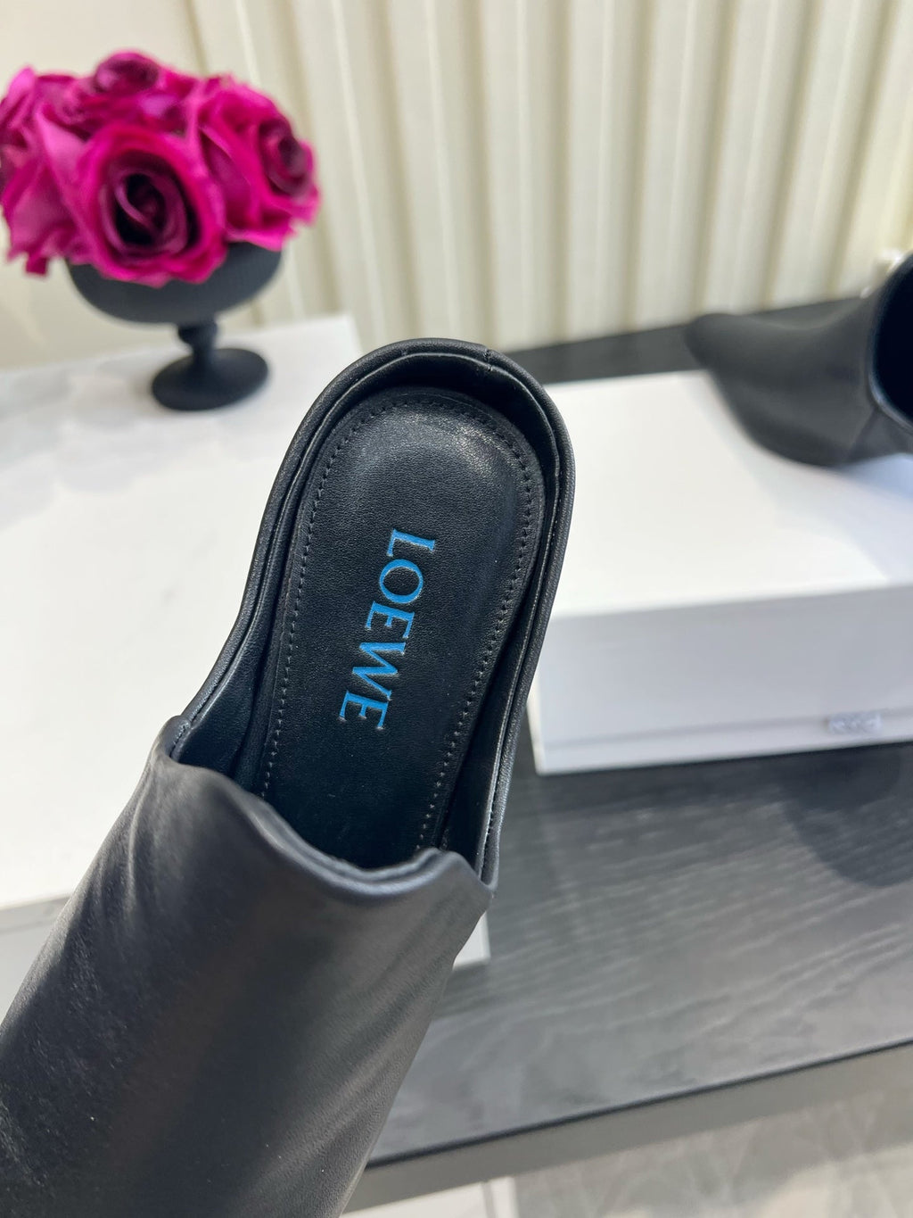 LOEWE 26S HEELED MULES IN BLACK CALFSKIN