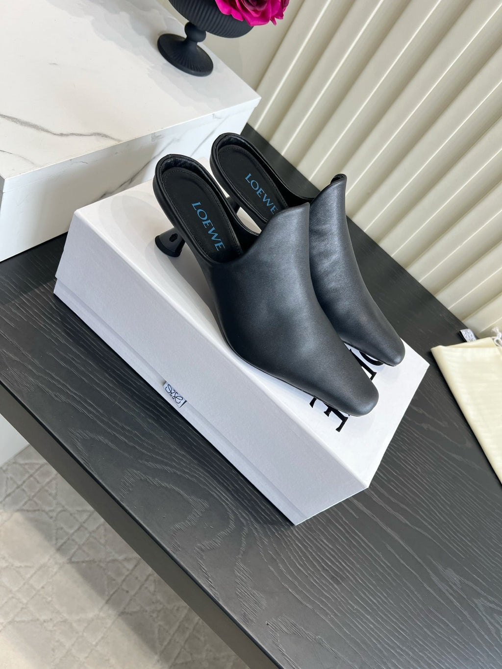 LOEWE 26S HEELED MULES IN BLACK CALFSKIN