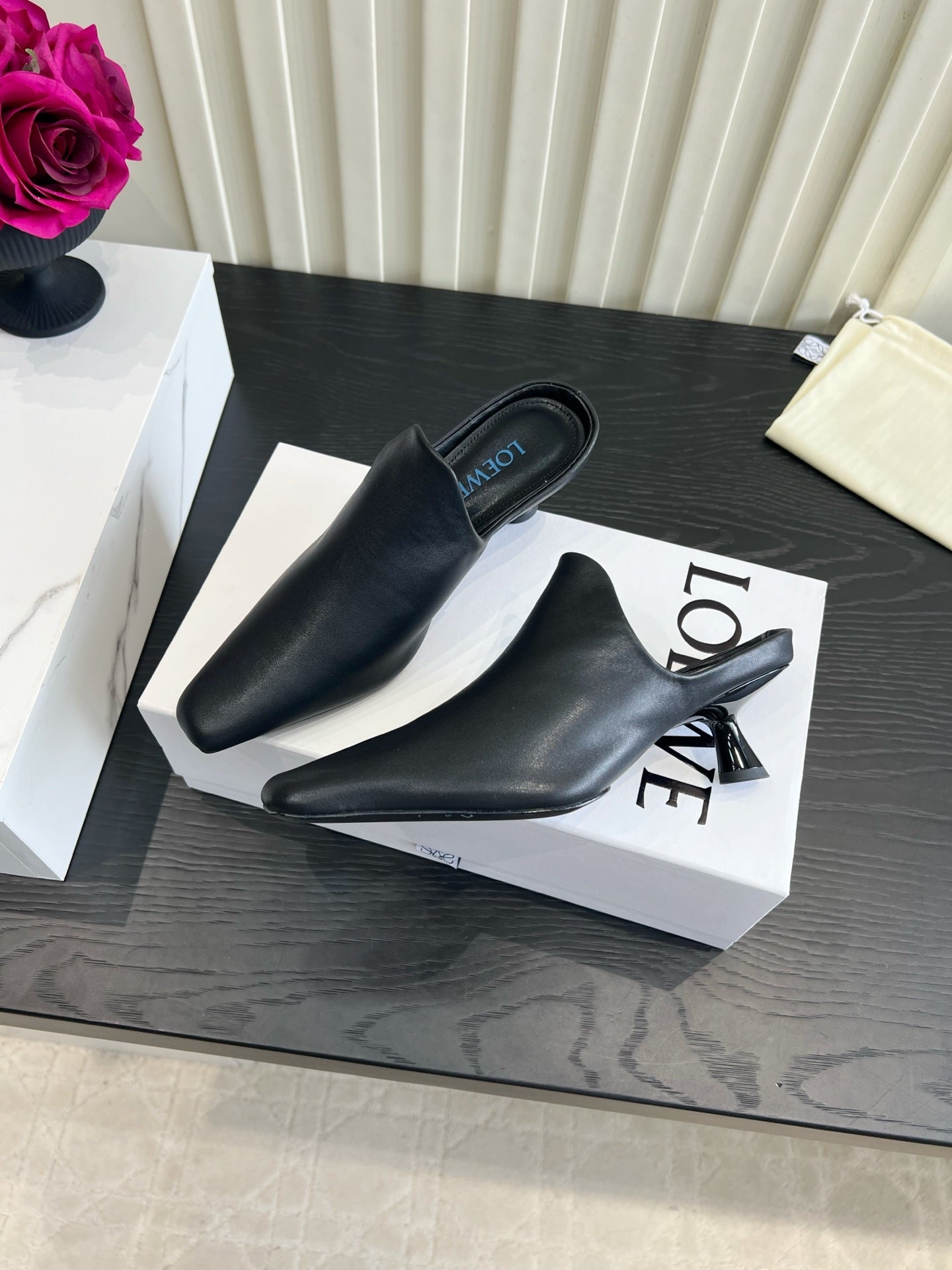 LOEWE 26S HEELED MULES IN BLACK CALFSKIN